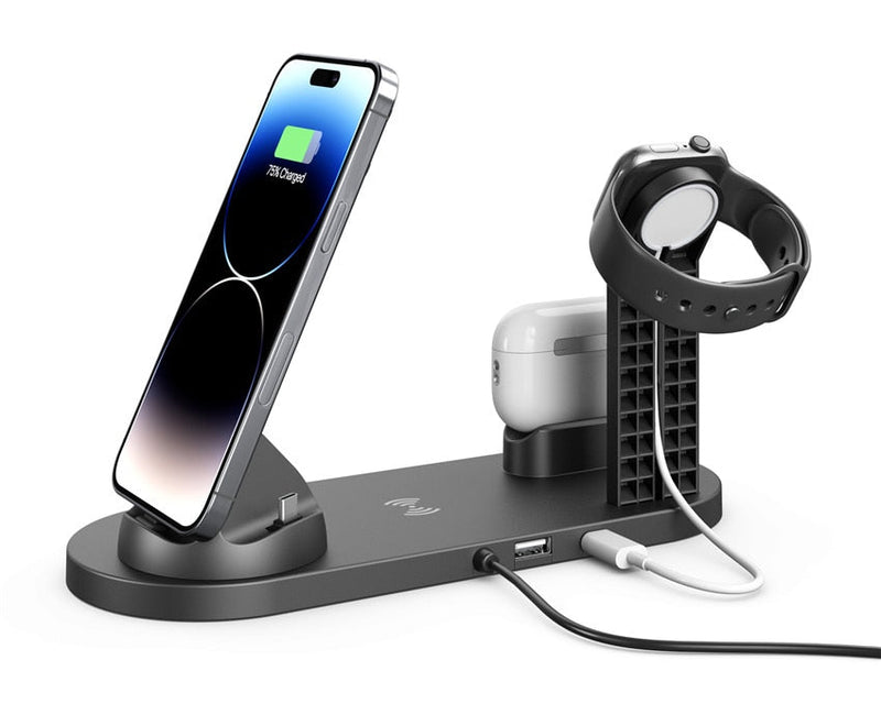 Carregador sem fio Stand Pad para iPhone, carregamento rápido Dock Station, iPhone 14, 13, 12, 11x8, Apple Watch, Airpods.