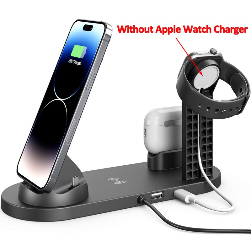 Carregador sem fio Stand Pad para iPhone, carregamento rápido Dock Station, iPhone 14, 13, 12, 11x8, Apple Watch, Airpods.